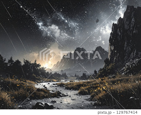 Alpine landscape with a snowy mountain peak under a vibrant sunset sky 129767414