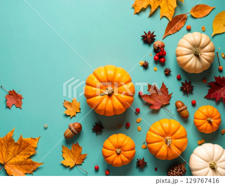 Orange autumn leaves and pumpkins create a floral seamless pattern for a vintage nature wallpaper illustration Orange autumn leaves and pumpkins create a floral seamless pattern for a vintage nature wallpaper illustration 129767416