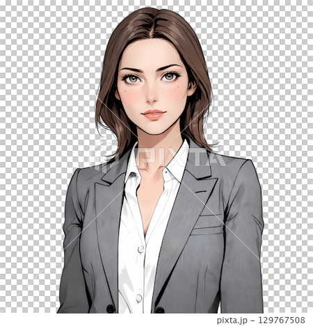 グレースーツで落ち着いた表情の若い女性会社員（白背景） 129767508