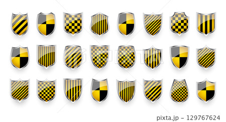 Glossy shields with yellow and black pattern. Security and protection concept. Cyber safety icons, internet privacy, web defense, digital data protection and antivirus themes. Vector illustration 129767624