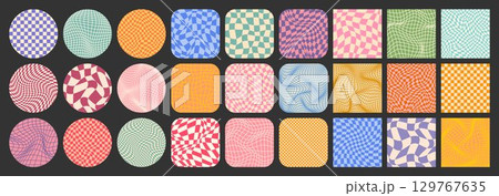 Groovy checkered pattern, colorful tiled grid. Vintage wavy curved backdrop, distortion effect. Funky geometric chessboard texture, retro background in 90s style, y2k. Vector illustration 129767635