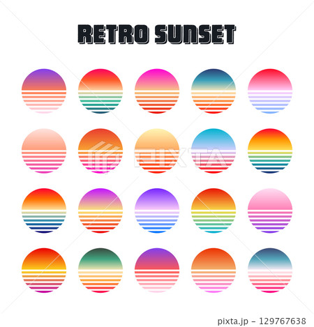 Vintage colorful sunset. Striped gradient sunrise badges in 80s and 90s style. Sun and ocean view, summer vibes, surfing. Design element for print, logo or t-shirt. Vector illustration 129767638