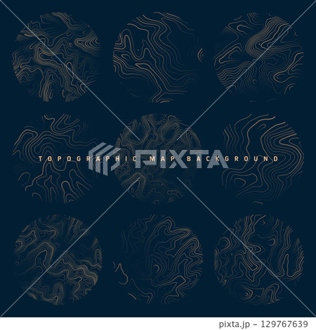 Colorful topographic maps with contour lines. Geographic terrain grid, relief height elevation. Ground path pattern. Travel and navigation, cartography design element. Vector illustration Colorful topographic maps with contour lines. Geographic terrain grid, relief height elevation. Ground path pattern. Travel and navigation, cartography design element. Vector illustration 129767639