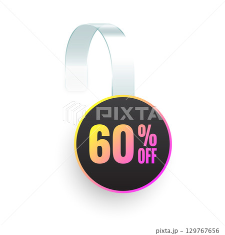 Supermarket promotional wobblers. Realistic white wobbler template for shelf advertising, 60 percent off discount. Sale label with ad text. Special offer price tag. Vector illustration Supermarket promotional wobblers. Realistic white wobbler template for shelf advertising, 60 percent off discount. Sale label with ad text. Special offer price tag. Vector illustration 129767656