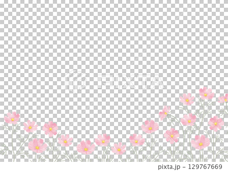 水彩風のピンク色のコスモスのフレーム（横長） 129767669