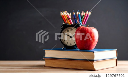 A classic alarm clock sits atop a stack of books, a concept of time and education intertwined 129767701