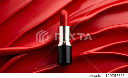 Red lipstick tube and a delicate flower, reflected in a mirror on a vibrant background 129767735