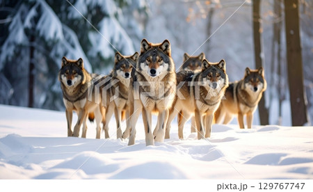 A majestic Siberian husky sled dog with a furry white coat stands in the cold winter snow A majestic Siberian husky sled dog with a furry white coat stands in the cold winter snow 129767747