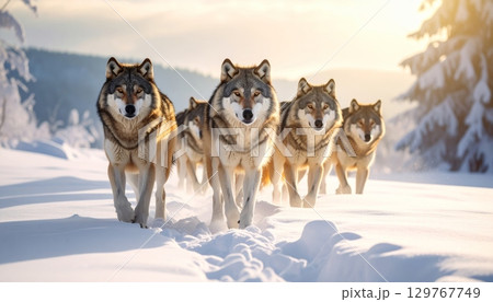 A majestic Siberian husky sled dog with a furry white coat stands in the cold winter snow 129767749