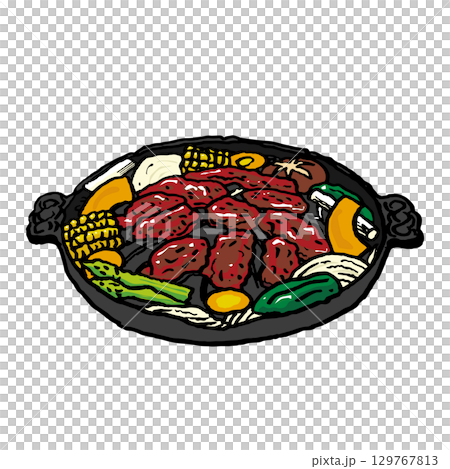 Illustration of lamb and vegetables grilled in a Genghis Khan pot Illustration of lamb and vegetables grilled in a Genghis Khan pot 129767813