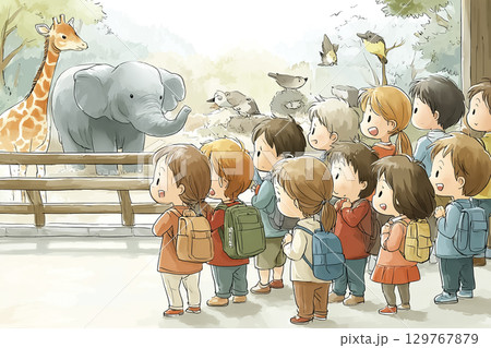 子どもたちが動物園で動物を観察している遠足・校外学習 129767879