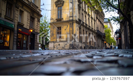 Historic architecture and old buildings line the canals and streets of a European old town at night Historic architecture and old buildings line the canals and streets of a European old town at night 129767897