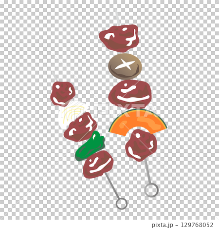 バーベキュウー用に肉や野菜が串に刺さったイラスト 129768052