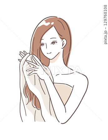タオルで髪を拭く女性のイラスト素材 129768108