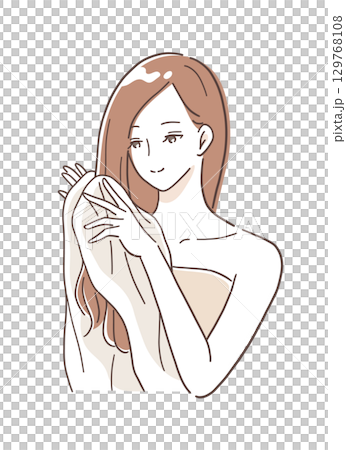 Illustration material of a woman wiping her hair with a towel 129768108