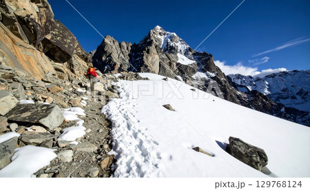 Snowy winter alpine landscape panorama with a view of a ski resort in the Alps 129768124