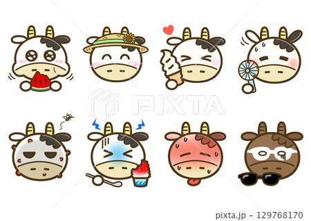 うしこの夏の表情イラスト8種セット（かわいいキャラクター・季節の素材・反応スタンプ） 129768170