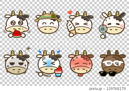 うしこの夏の表情イラスト8種セット（かわいいキャラクター・季節の素材・反応スタンプ） 129768170