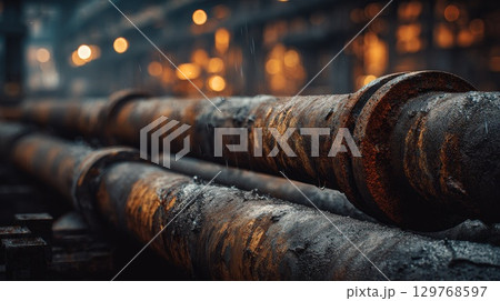 Rusty pipes showing corrosion in industrial setting with falling water drops 129768597