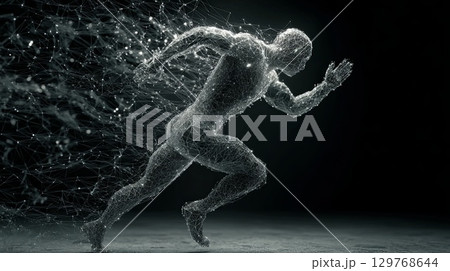 Digital runner leaving particle trail while sprinting in abstract space 129768644