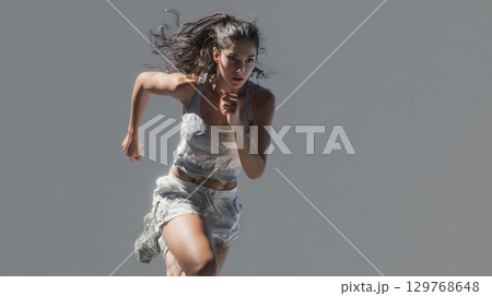 Determined female athlete running with focus and speed 129768648
