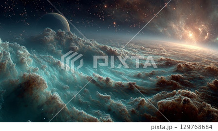 Alien planet covered by turquoise and orange clouds with rising sun and moon 129768684