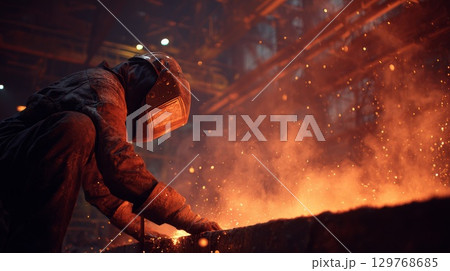 Steelworker welding molten metal in a fiery industrial scene 129768685