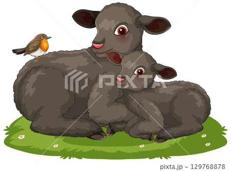 Scottish Blackface Sheep and Robin on Grass Illustration 129768878