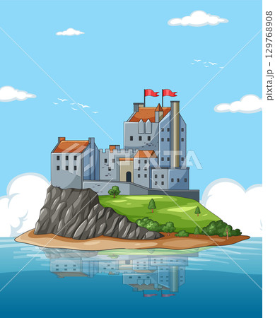Medieval Castle on Rocky Island with Water Reflection 129768908