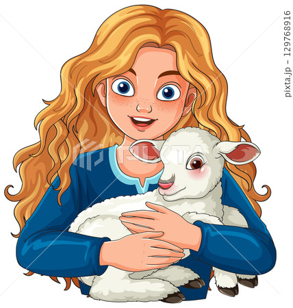 Smiling Girl With Curly Hair Holding Lamb Smiling Girl With Curly Hair Holding Lamb 129768916