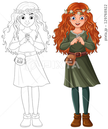 Red-Haired Girl in Green Dress with Floral Crown Red-Haired Girl in Green Dress with Floral Crown 129768922