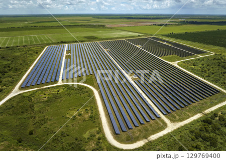 Aerial view of big sustainable electric power plant with many rows of solar photovoltaic panels for producing clean electrical energy. Renewable electricity with zero emission concept 129769400