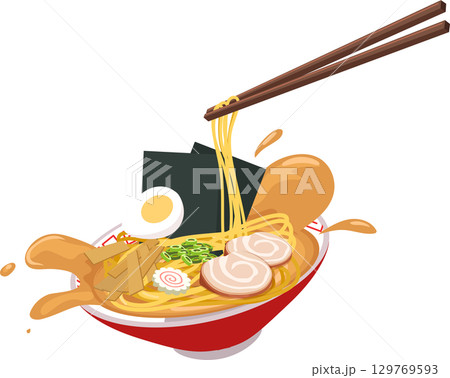 ramen bowl with noodles soup splash chopsticks pork egg scallion seaweed and traditional toppings food ramen bowl with noodles soup splash chopsticks pork egg scallion seaweed and traditional toppings food 129769593