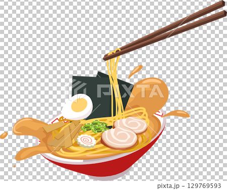 ramen bowl with noodles soup splash chopsticks pork egg scallion seaweed and traditional toppings food 129769593