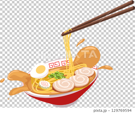 japanese ramen bowl with noodles pork egg and chopsticks captured in a dynamic splash 129769594