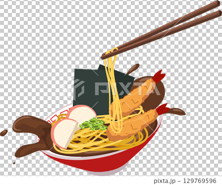 ramen japanese food illustration with tempura shrimp chopsticks and noodle soup in red bowl ramen japanese food illustration with tempura shrimp chopsticks and noodle soup in red bowl 129769596
