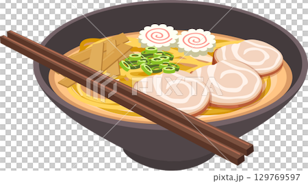 asian cuisine ramen bowl with noodles pork broth toppings and chopsticks 129769597