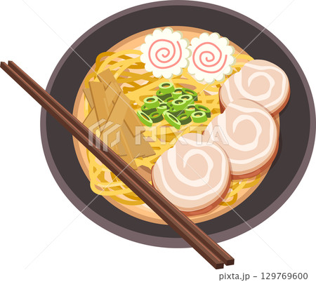 top view of ramen japanese food noodle soup with narutomaki chashu pork and bamboo shoots. 129769600
