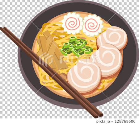 top view of ramen japanese food noodle soup with narutomaki chashu pork and bamboo shoots. 129769600