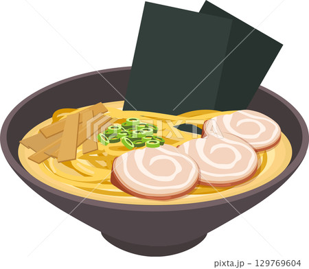 ramen noodle soup japanese food with pork slices seaweed bamboo shoots and green onion in a bowl 129769604