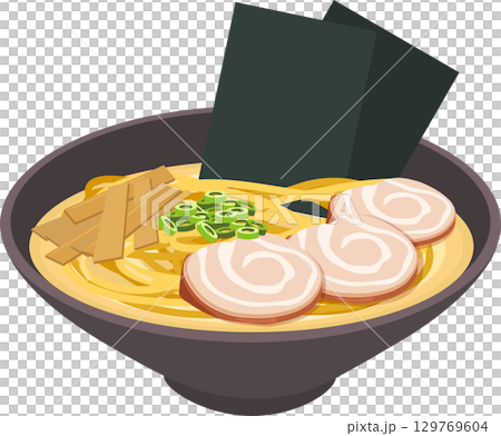 ramen noodle soup japanese food with pork slices seaweed bamboo shoots and green onion in a bowl 129769604
