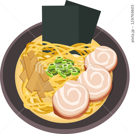top view of traditional japanese ramen with pork chashu noodles seaweed bamboo shoots and soup 129769605