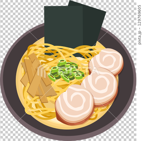 top view of traditional japanese ramen with pork chashu noodles seaweed bamboo shoots and soup 129769605