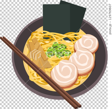 top view  of a japanese ramen bowl with noodles pork chashu seaweed and chopsticks 129769607