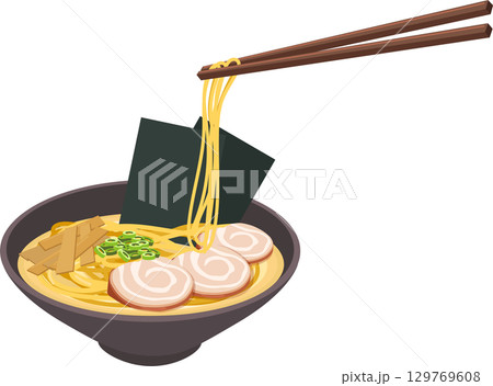 japanese food ramen bowl with chopsticks and pork slices in hot noodle soup 129769608