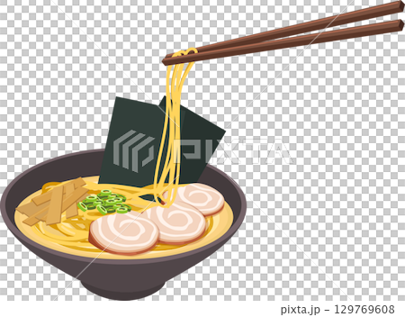 japanese food ramen bowl with chopsticks and pork slices in hot noodle soup 129769608