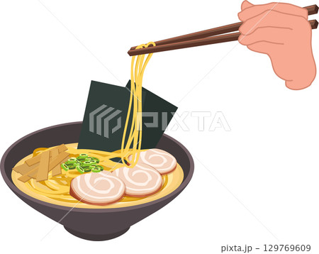 hand holding chopsticks lifting noodles from ramen bowl japanese food showing pork slices seaweed and bamboo in warm soup 129769609