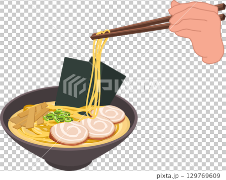 hand holding chopsticks lifting noodles from ramen bowl japanese food showing pork slices seaweed and bamboo in warm soup 129769609