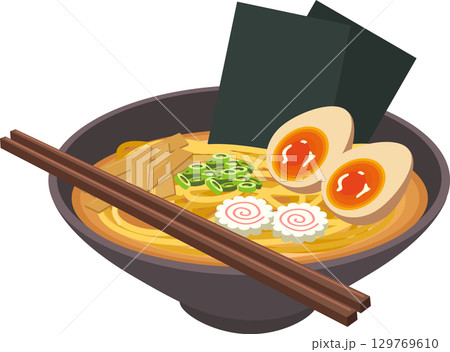 ramen japanese food noodle soup vector illustration with egg seaweed narutomaki and chopsticks 129769610