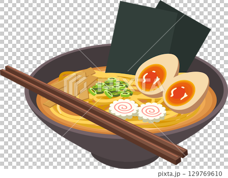 ramen japanese food noodle soup vector illustration with egg seaweed narutomaki and chopsticks 129769610